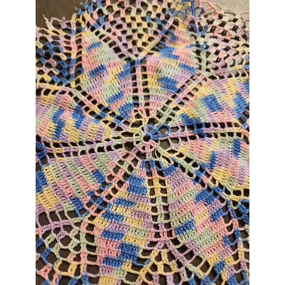 Vintage Pastel Variegated Crochet Doilies Set 2 Colorful Maximalist Decor Flaw*